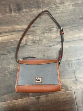 Dooney & Bourke Gray Canvas Crossbody with Brown Leather Trim and Red Interior